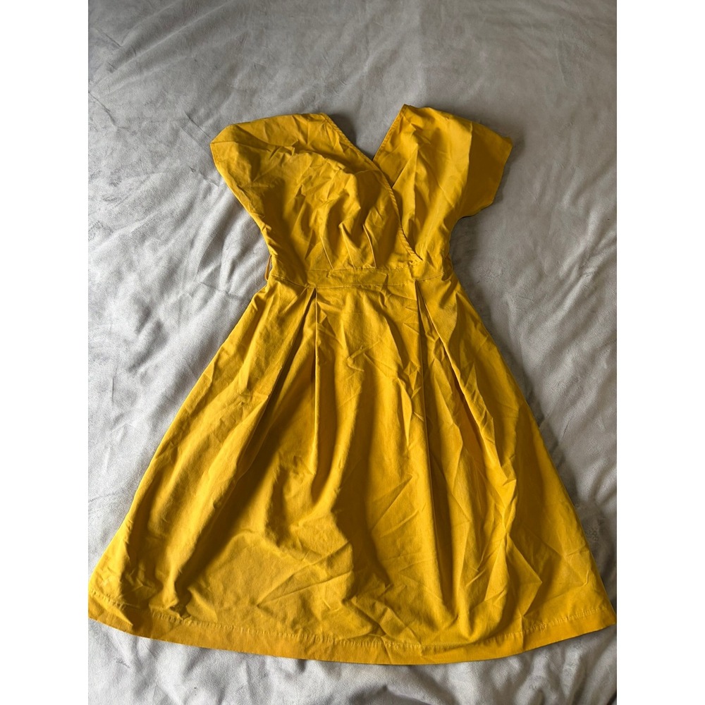 Mustard Yellow Wrap Neck Fit and Flare Midi Dress Short Sleeve Pleated Skirt M